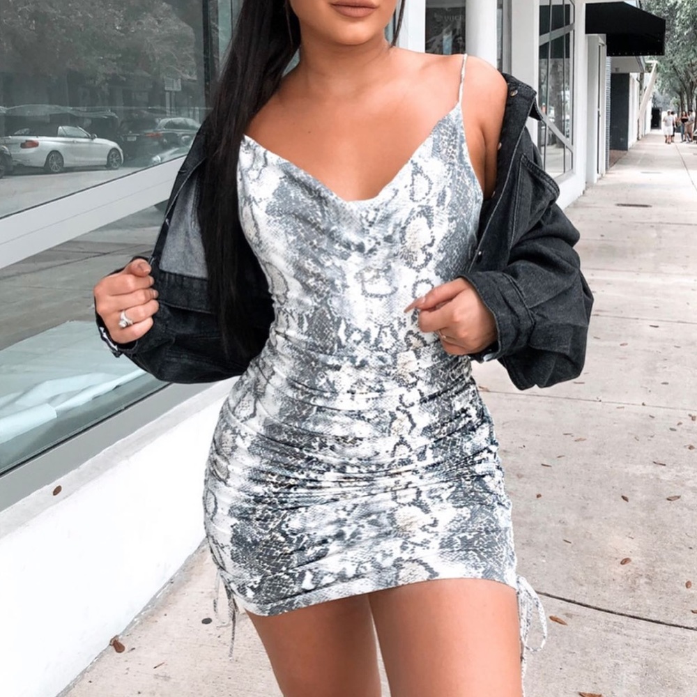 Lotus Couture Snake Print Runched Cowl-neck Dress